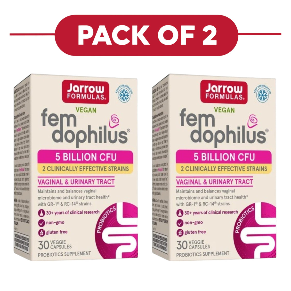 Jarrow Formulas Fem-Dophilus 5 Billion CFU 30 Veggie Capsules Pack of 2