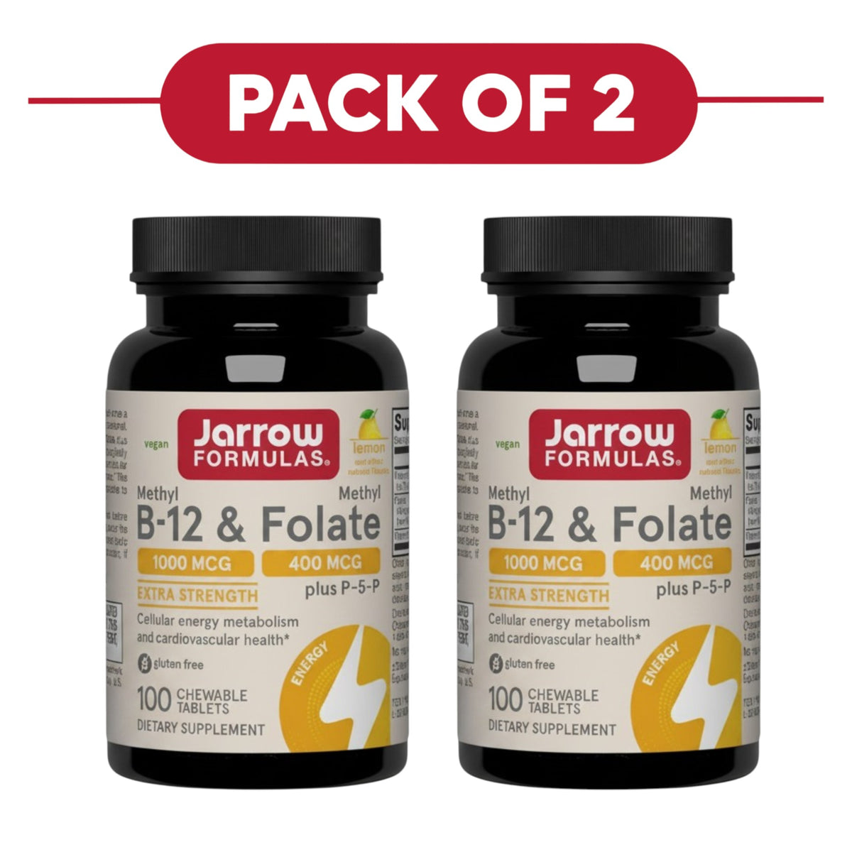 Jarrow Formulas Methyl B-12 1000mcg & Folate 400mcg 100 Tablets Pack of 2