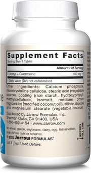 Supplement Facts Image: Jarrow Formulas s acetyl l glutathione 100mg supplement facts and ingredients 60 count