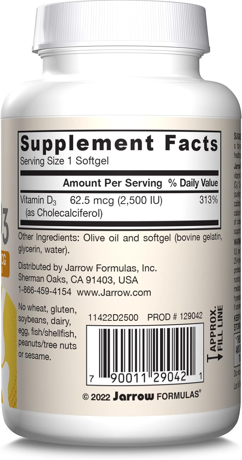 Jarrow Formulas Vitamin D3 62.5mcg 2500 IU softgels barcode 100 count

