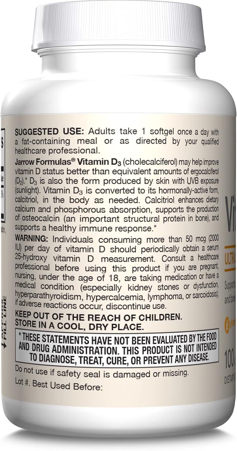 Jarrow Formulas Vitamin D3 62.5mcg 2500 IU softgels usage instructions 100 count

