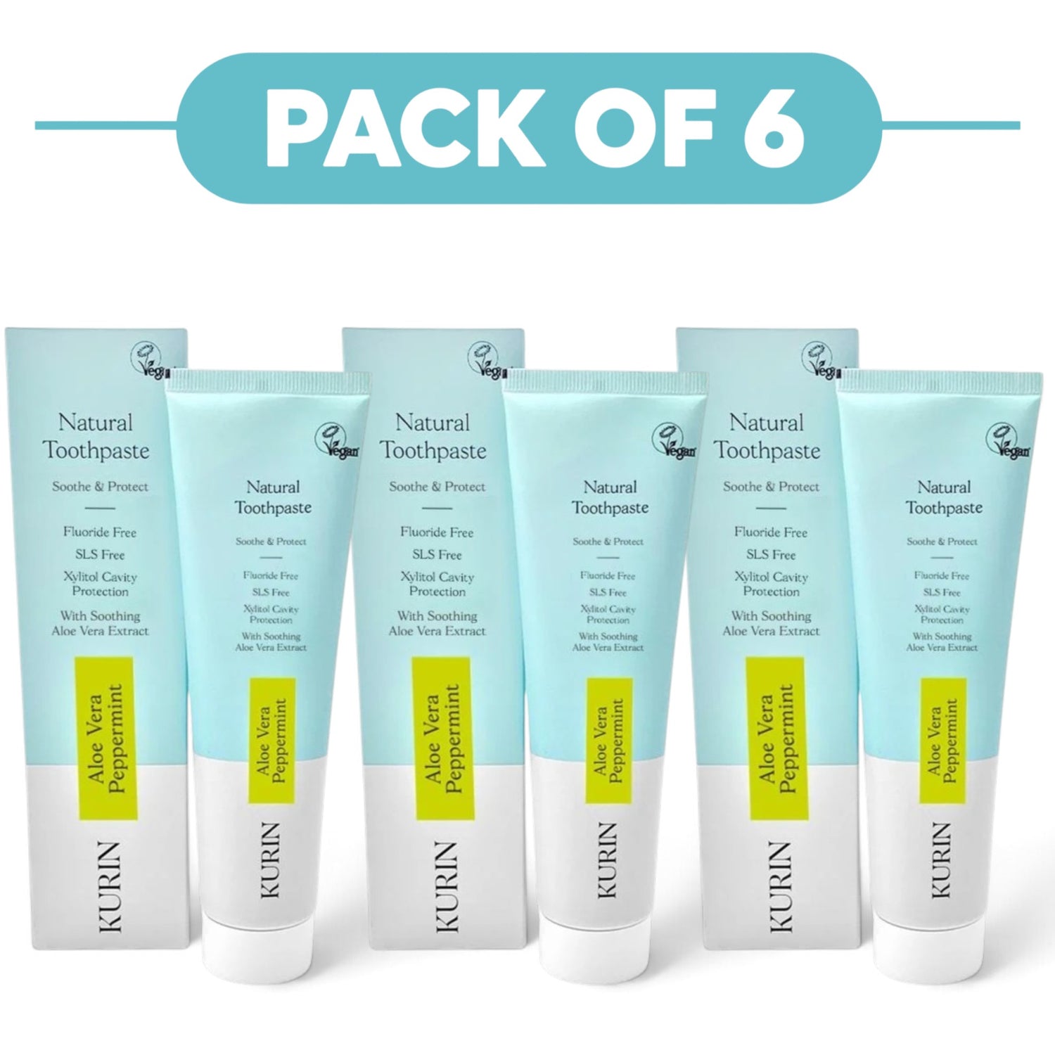 Kurin Fluoride Free Natural Aloe Vera Peppermint Toothpaste 100ml Pack of 6