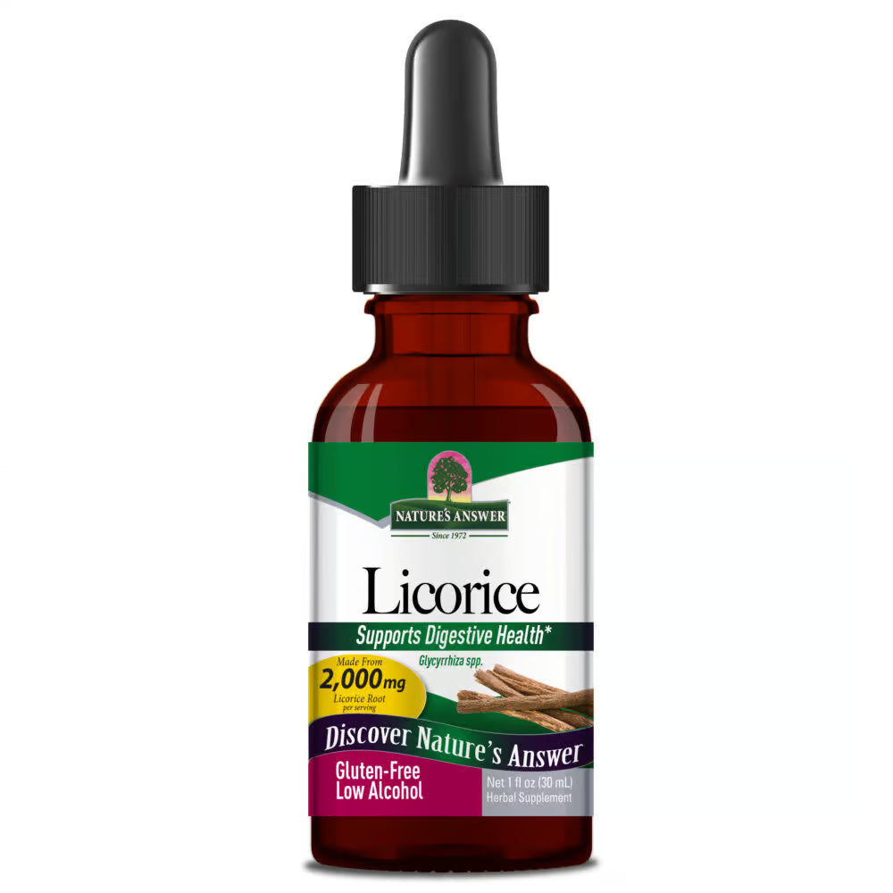 Nature’s Answer Licorice Root Liquid Extract Low Alcohol 30ml bottle front viewon a white background