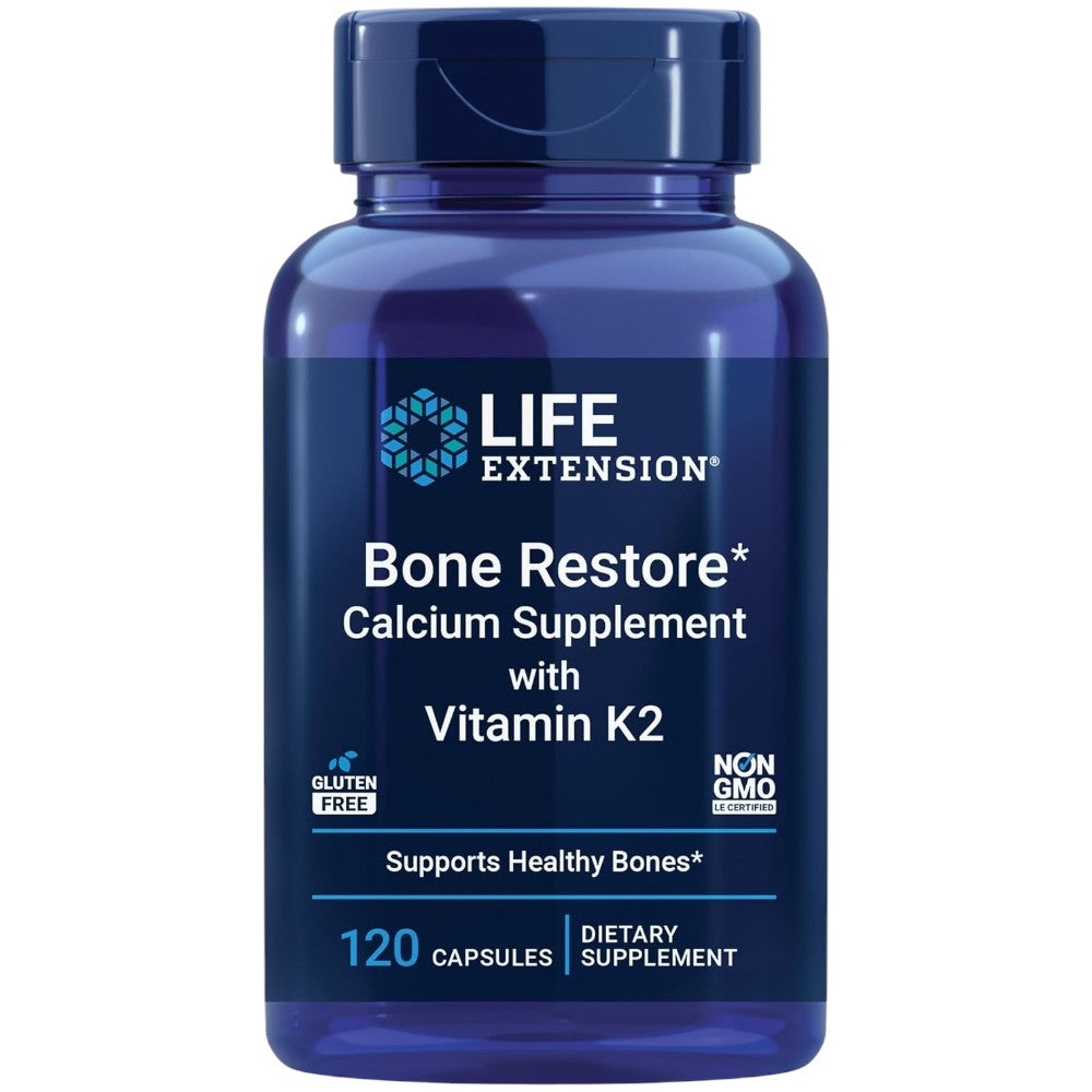 Life Extension Bone Restore Calcium with Vitamin K2 capsules blue bottle packaging, no flavour, 120 capsules