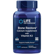Life Extension Bone Restore Calcium with Vitamin K2 capsules blue bottle packaging, no flavour, 120 capsules