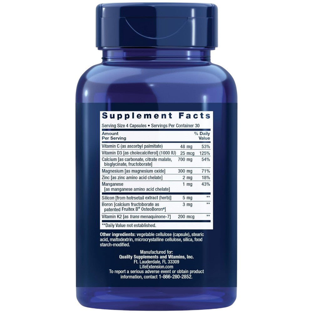 Life Extension Bone Restore Calcium with Vitamin K2 capsules bottle packaging showing supplement facts and ingredients, no flavour, 120 capsules