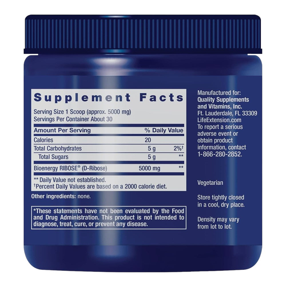 Life Extension D-Ribose Powder dietary supplement tub, no added flavour, 150g, supplement facts and ingredients