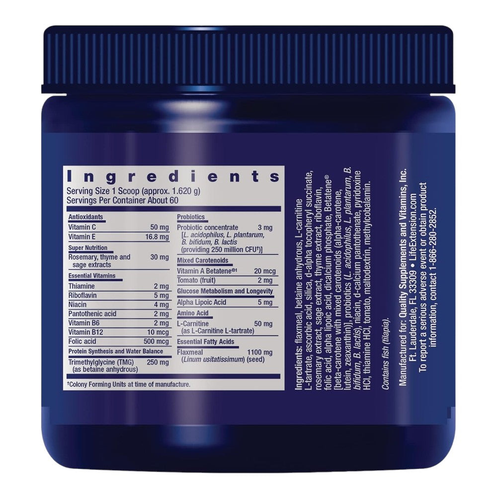 Life Extension Dog Mix Advanced Multi-Nutrient Formula powder tub for dogs, no flavour, 100g, ingredients and nutritional information