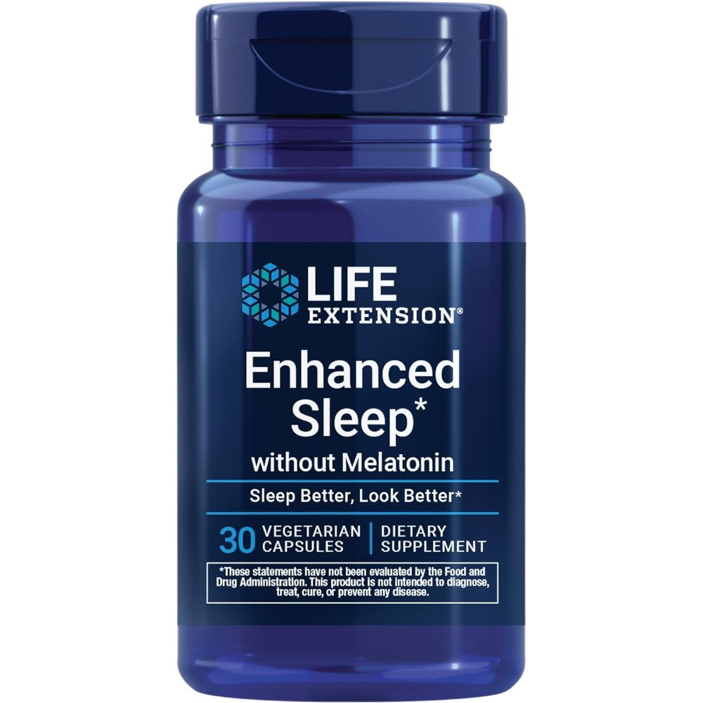 Life Extension Enhanced Sleep Without Melatonin 30 vegetarian capsules blue bottle packaging, no flavour, 30 capsules