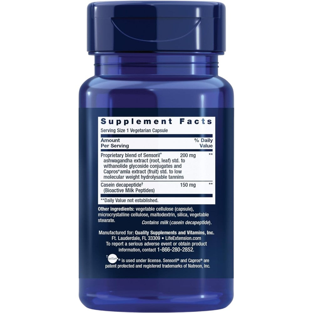 Life Extension Enhanced Sleep Without Melatonin 30 vegetarian capsules bottle packaging showing supplement facts and ingredients, no flavour, 30 capsules