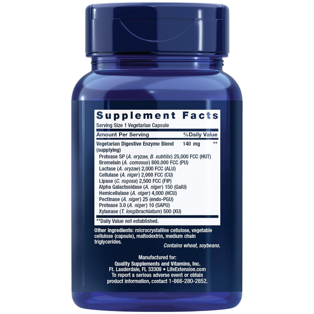 Life Extension Enhanced Super Digestive Enzymes dietary supplement vegetarian capsules, 60 capsules, 140mg enzyme blend, supplement facts and ingredients