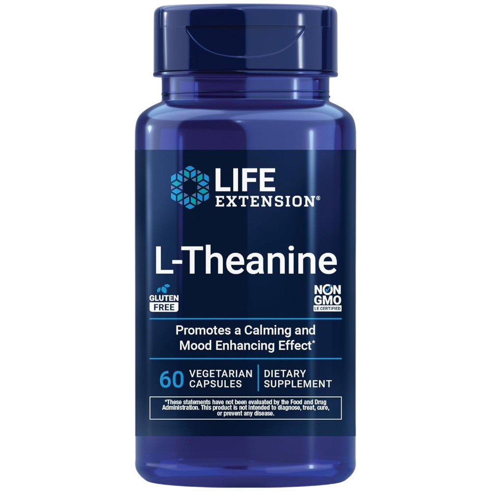 Life Extension L-Theanine vegetarian capsules dietary supplement bottle, 60 capsules