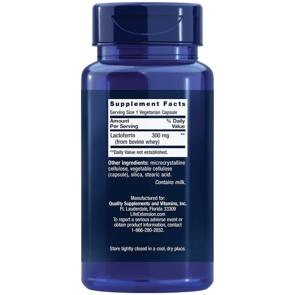 Life Extension Lactoferrin dietary supplement vegetarian capsules, 60 capsules, 300mg lactoferrin, supplement facts and ingredients