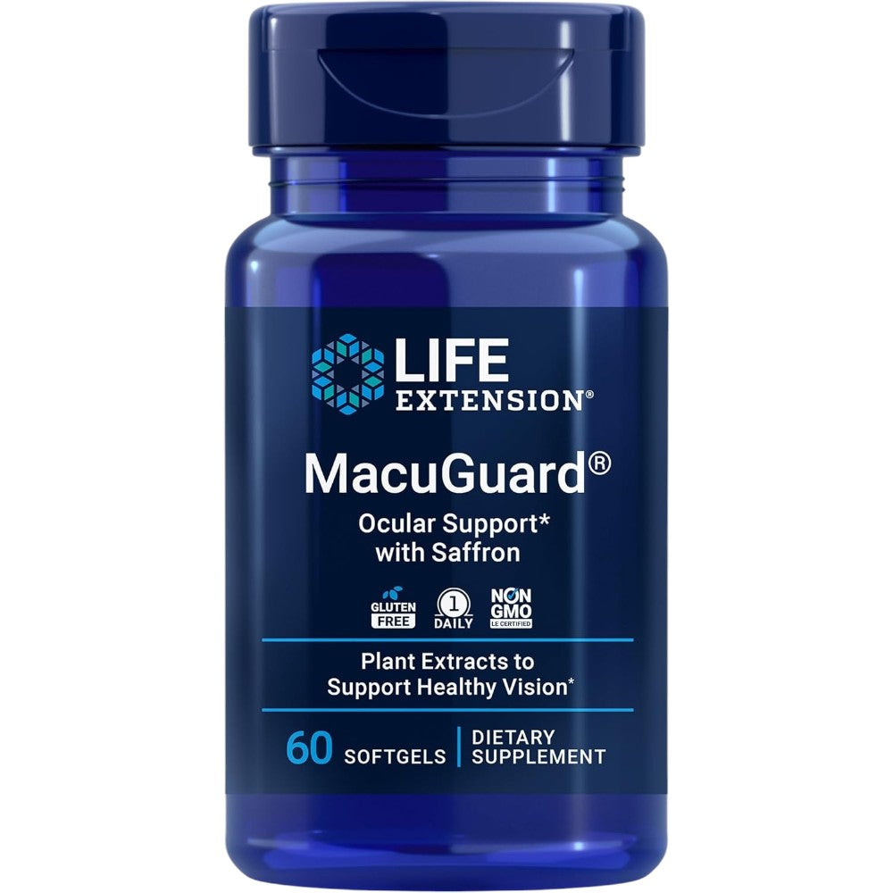 Life Extension MacuGuard with Saffron 60 softgels blue bottle packaging, no flavour, 60 softgels