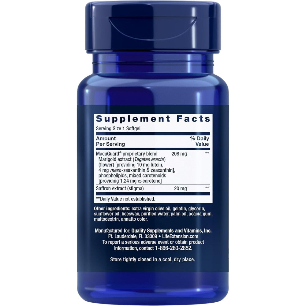 Life Extension MacuGuard with Saffron 60 softgels bottle packaging showing supplement facts and ingredients, no flavour, 60 softgels