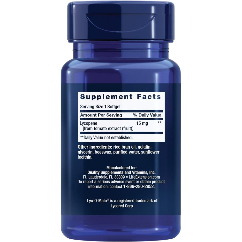 Life Extension Mega Lycopene 15mg 90 softgels bottle packaging showing supplement facts and ingredients, no flavour, 90 softgels