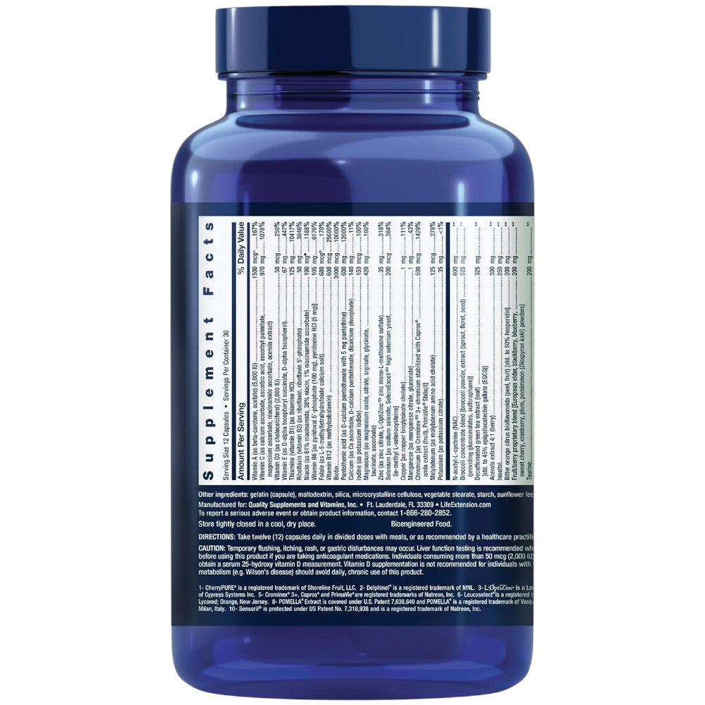 Life Extension Mix multivitamin dietary supplement capsules, no flavour, 360 capsules, supplement facts and ingredients