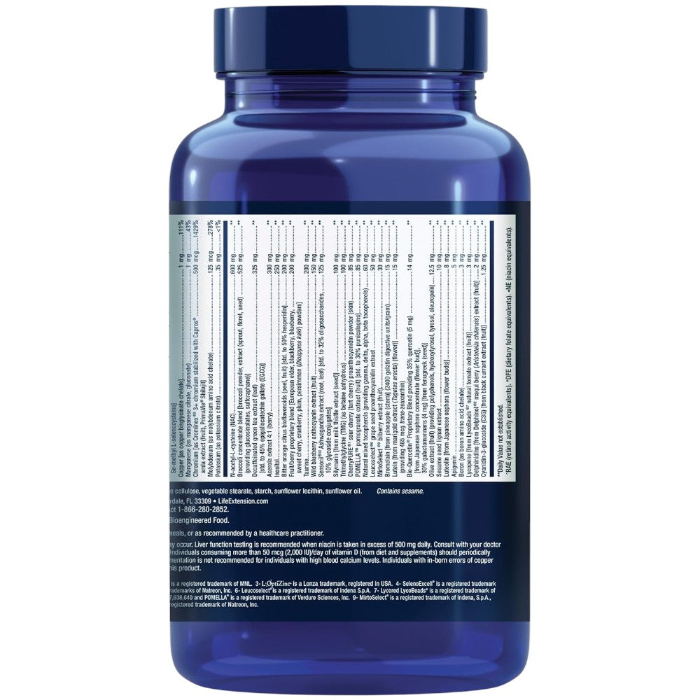 Life Extension Mix multivitamin dietary supplement capsules, no flavour, 360 capsules, supplement facts and ingredients