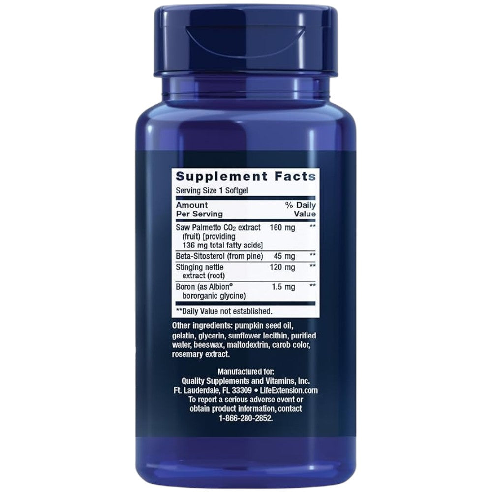Life Extension PalmettoGuard dietary supplement softgels, saw palmetto and nettle root, 60 softgels, supplement facts and ingredients