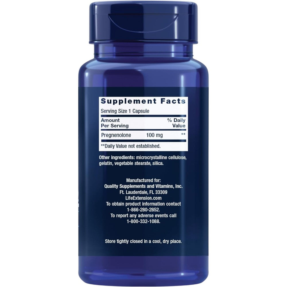 Life Extension Pregnenolone 100mg 100 capsules bottle packaging showing supplement facts and ingredients, no flavour, 100 capsules
