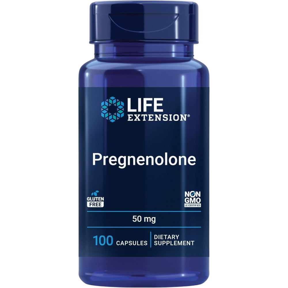 Life Extension Pregnenolone 50mg 100 capsules blue bottle packaging, no flavour, 100 capsules
