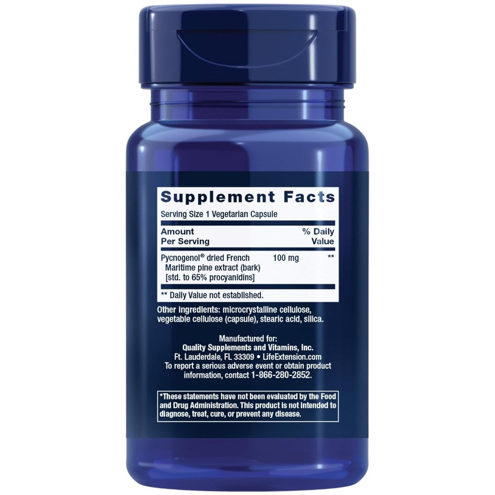 Life Extension Pycnogenol dietary supplement vegetarian capsules, 100mg, 60 capsules, supplement facts and ingredients