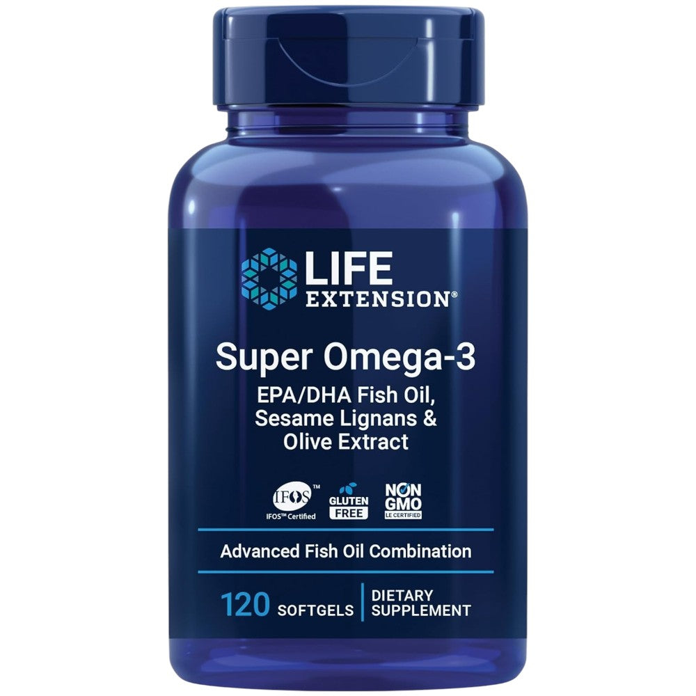 Life Extension Super Omega-3 Fish Oil dietary supplement softgel bottle, natural flavour, 120 softgels