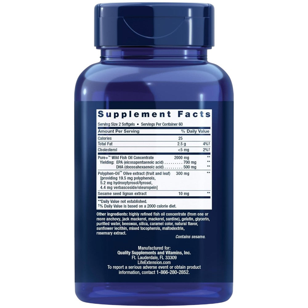 Life Extension Super Omega-3 Fish Oil dietary supplement softgel bottle, natural flavour, 120 softgels, supplement facts and ingredients