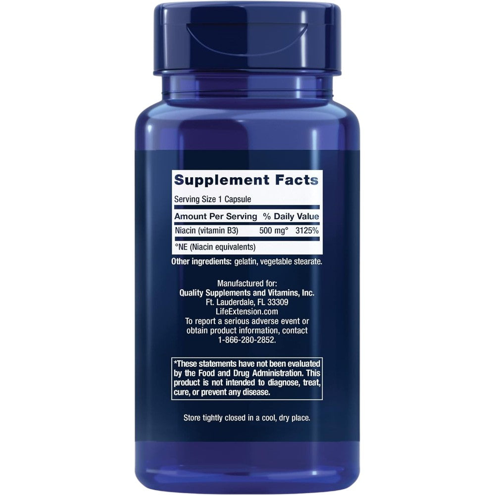 Life Extension Vitamin B3 Niacin 500mg 100 Capsules bottle packaging showing supplement facts and ingredients, no flavour
