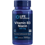Life Extension Vitamin B3 Niacin 500mg 100 Capsules blue bottle packaging, no flavour