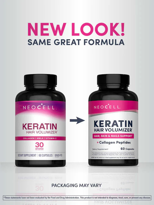 NeoCell Keratin & Collagen Capsules bottle for hair and skin support. Old & new packaging.