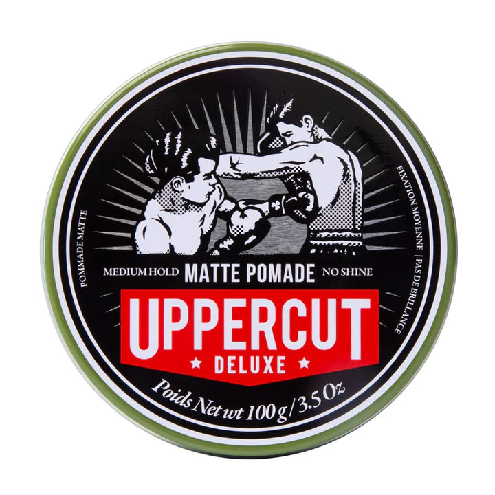 Front image: Uppercut Deluxe Matte Pomade 100g tin medium hold matte styling product packaging