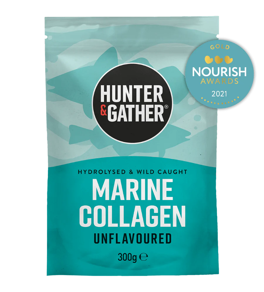 Package of Hunter & Gather Marine Collagen with a Nourish Awards badge on a white background