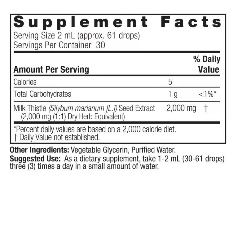 Nature’s Answer Milk Thistle Alcohol-Free Liquid Extract 60ml supplement facts label