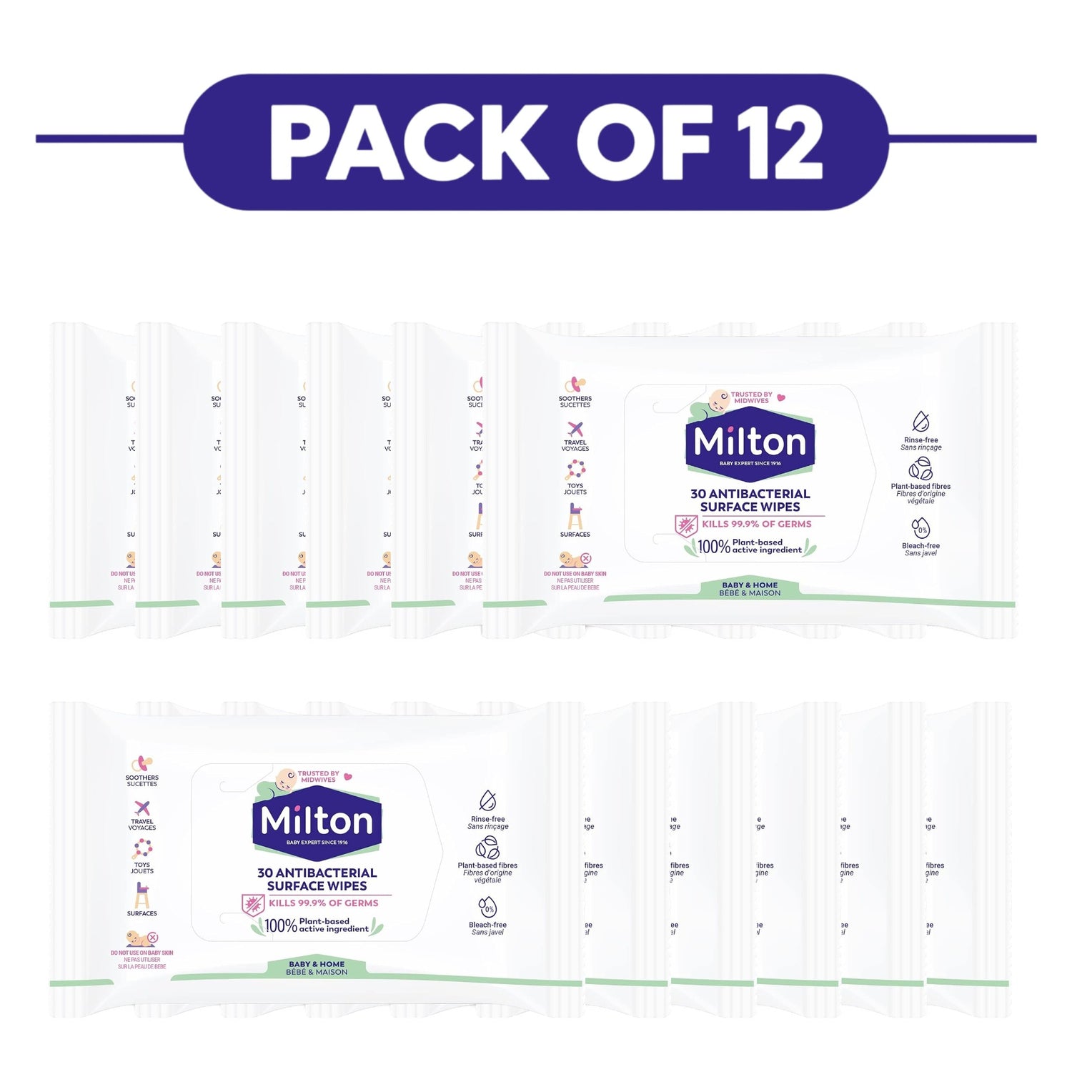 Milton Plant-Based Baby Antibacterial Surface Wipes 30 Wipes Pack of 12