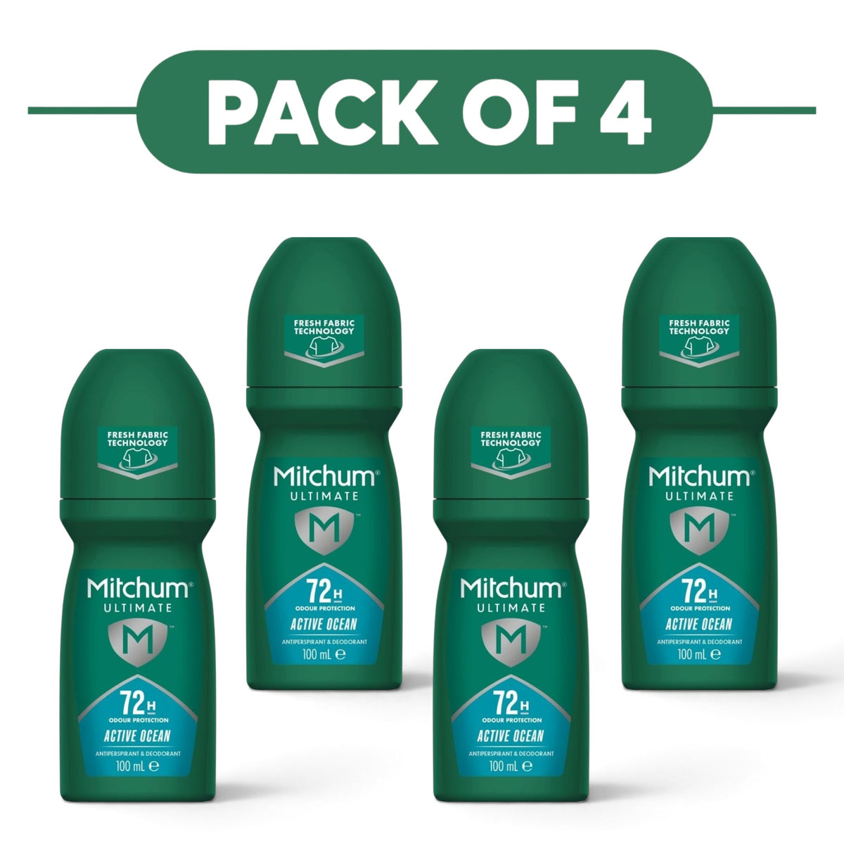 Mitchum Men's Ultimate Active Ocean Antiperspirant Roll On 100ml Pack of 4