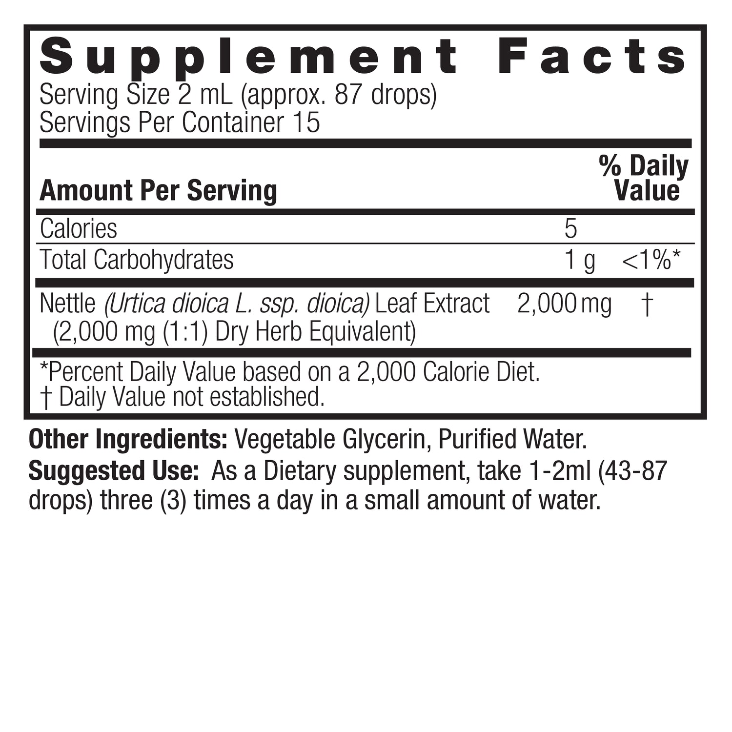 Nature’s Answer Nettle Leaf liquid extract supplement facts 30ml bottle