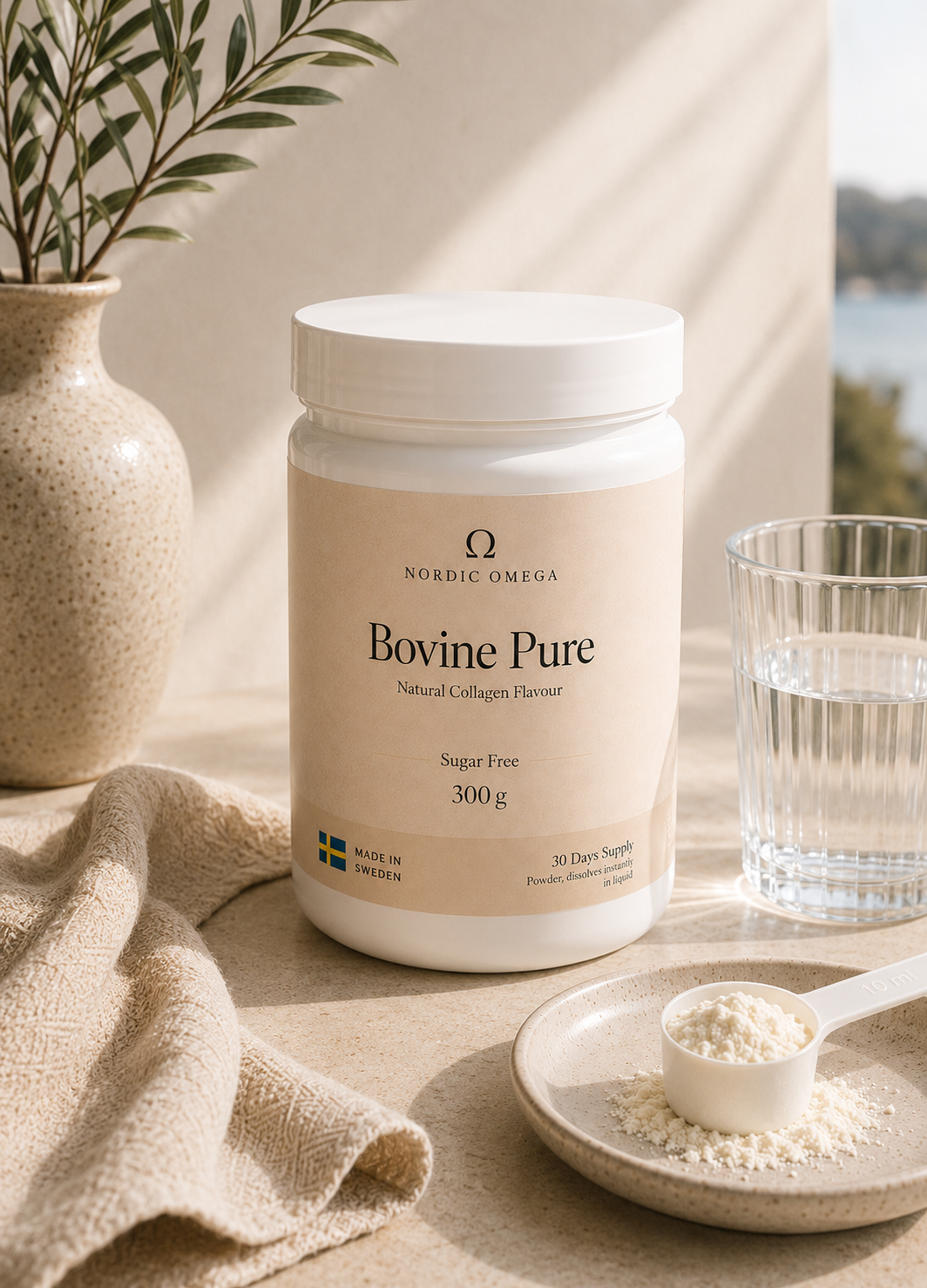 Nordic Omega Bovine Pure Collagen Sugar Free Powder 300g mixed into a hot or cold drink
