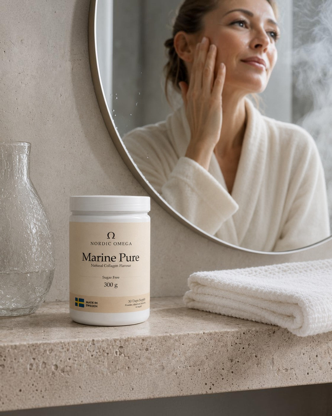 Nordic Omega Marine Pure Collagen Sugar Free Powder 300g mixed into a drink