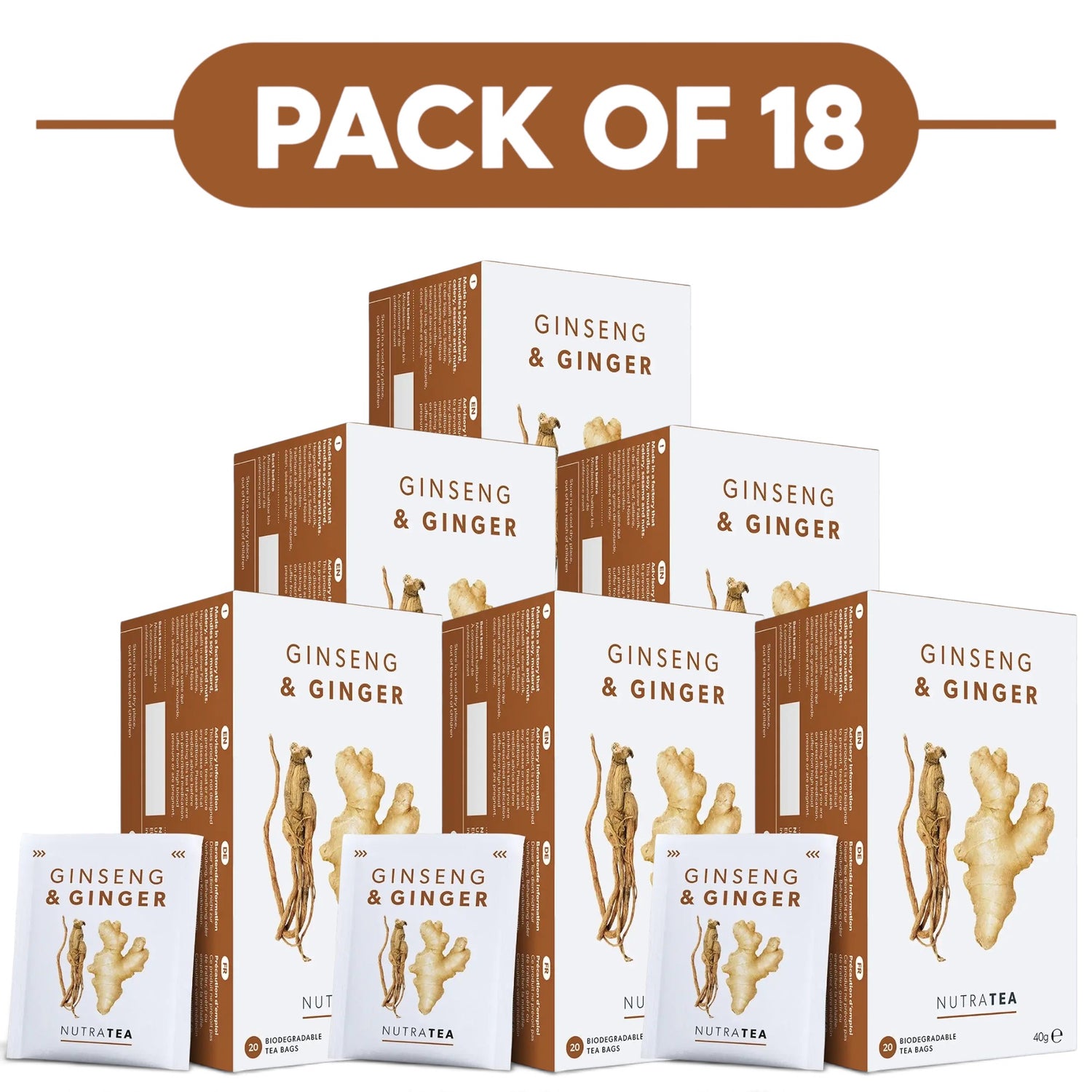 NutraTea Ginseng & Ginger Herbal Tea 20 Tea Bags Pack of 18