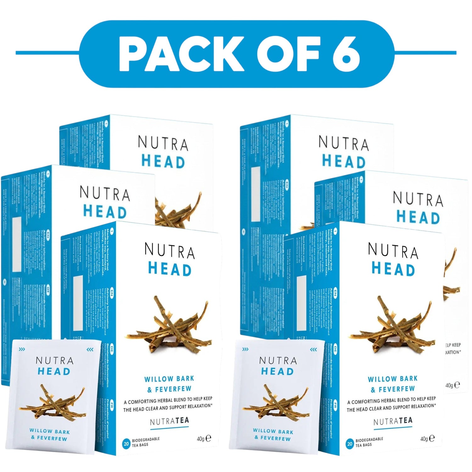 NutraTea NutraHead Willow Bark & Feverfew Herbal Tea 20 Tea Bags Pack of 6