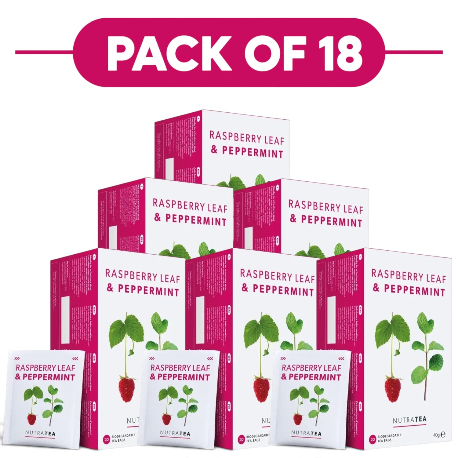 NutraTea Raspberry Leaf & Peppermint Herbal Tea 20 Tea Bags Pack of 18