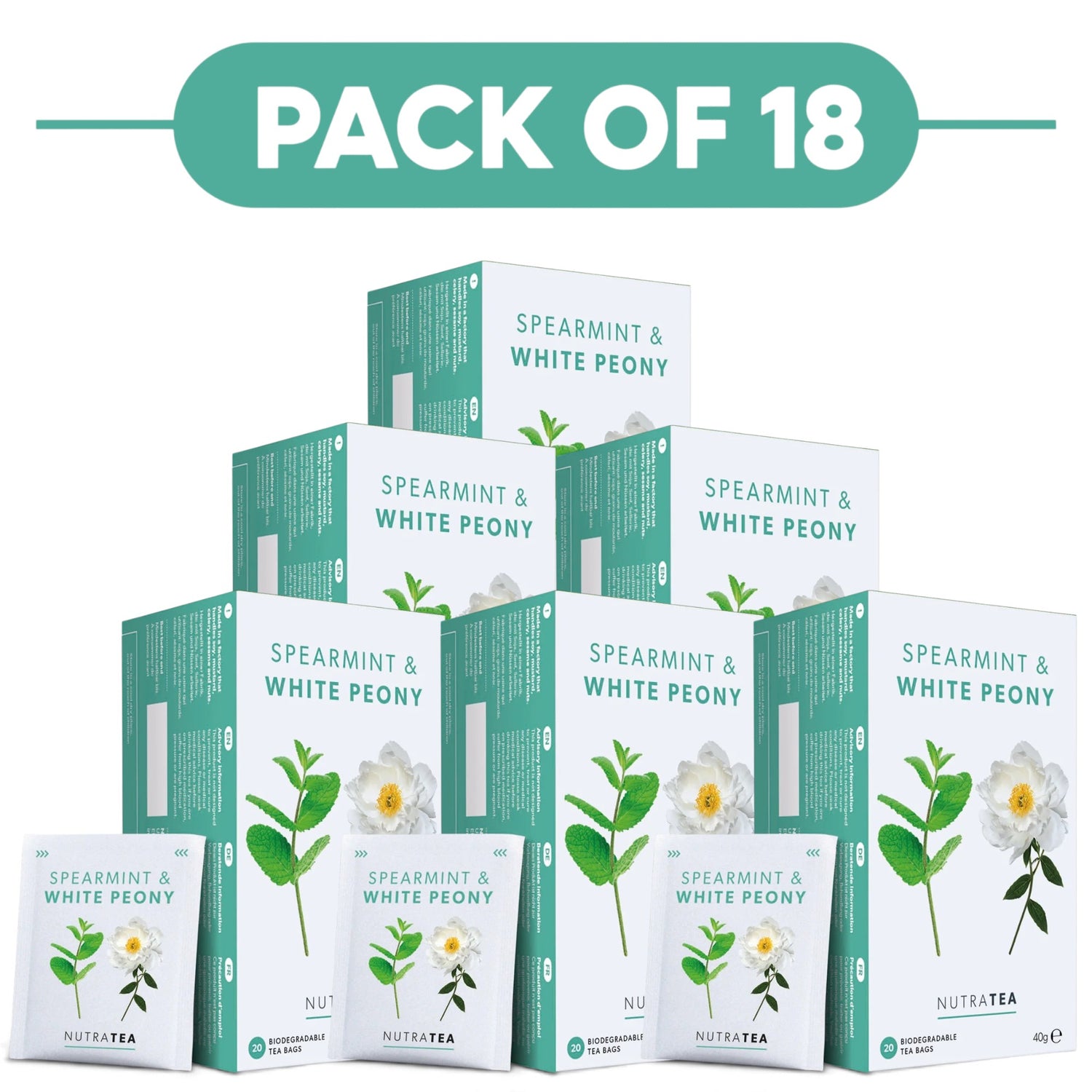 NutraTea Spearmint & White Peony Herbal Tea 20 Tea Bags Pack of 18