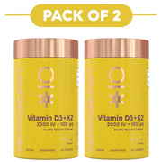 Two yellow NutriLburst Vitamin D3+K2 gummy bottles with metallic rose gold caps, shown side by side under a yellow 'PACK OF 2' banner on a white background.