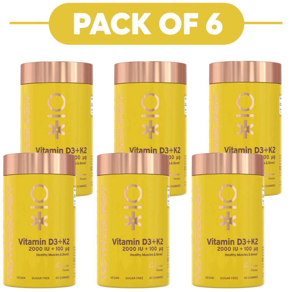 Six yellow NutriBurst Vitamin D3+K2 supplement bottles arranged in two rows beneath a yellow banner reading 'PACK OF 6'. The bottles have metallic rose gold caps and labels with black text.