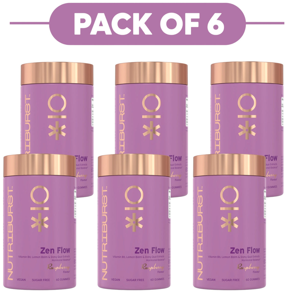 Six purple Nutrburst Zen Flow capsules in cylindrical containers with metallic rose gold lids, arranged in two rows under a purple banner that reads 'PACK OF 6'.