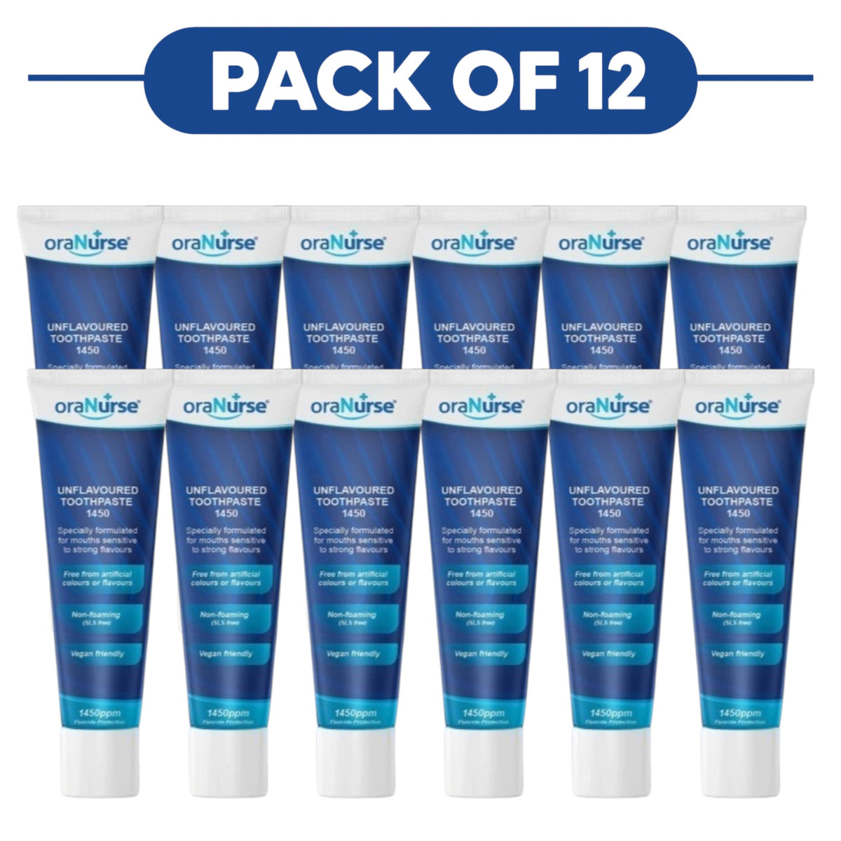 OraNurse Unflavoured Toothpaste 1450ppm Fluoride 50ml Pack of 12