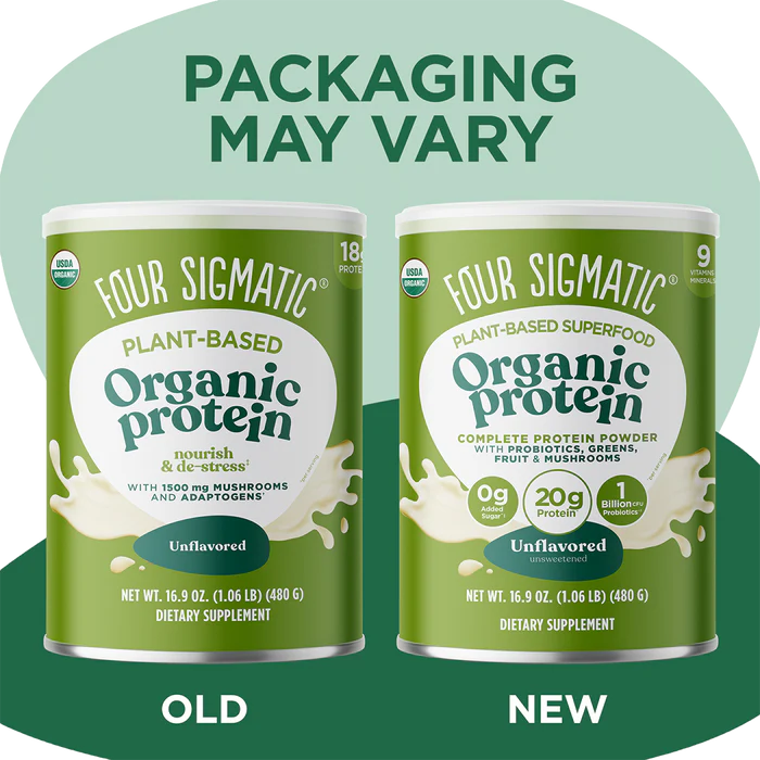 Four Sigmatic Plant-Based Organic Protein Powder, Unflavored - 480g. Packaging may vary.