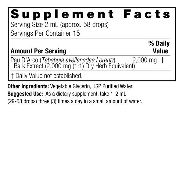 Nature’s Answer Pau D’Arco liquid extract supplement facts 30ml bottle