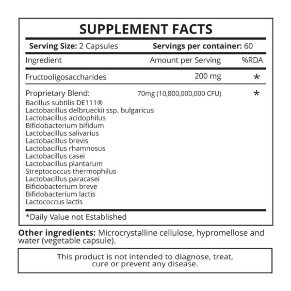 Supplement facts & ingredients image: Good Health Naturally Probiotic 14 supplement facts live cultures FOS capsules 120 count